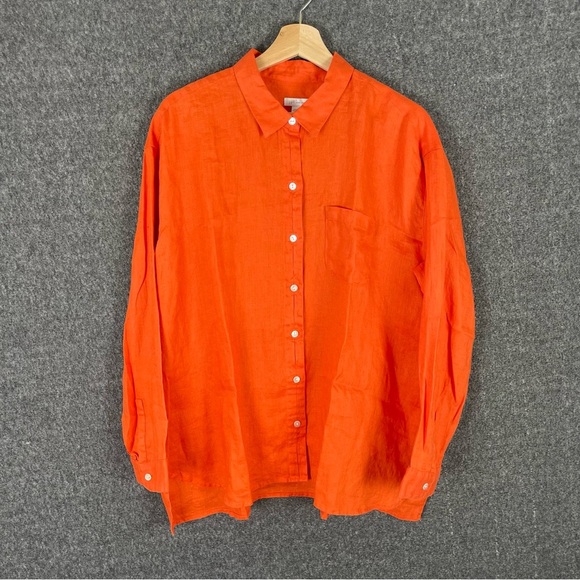 J. Jill Love Linen L Button Front Tunic Blouse Orange Coastal Chic Contemporary - Picture 2 of 10